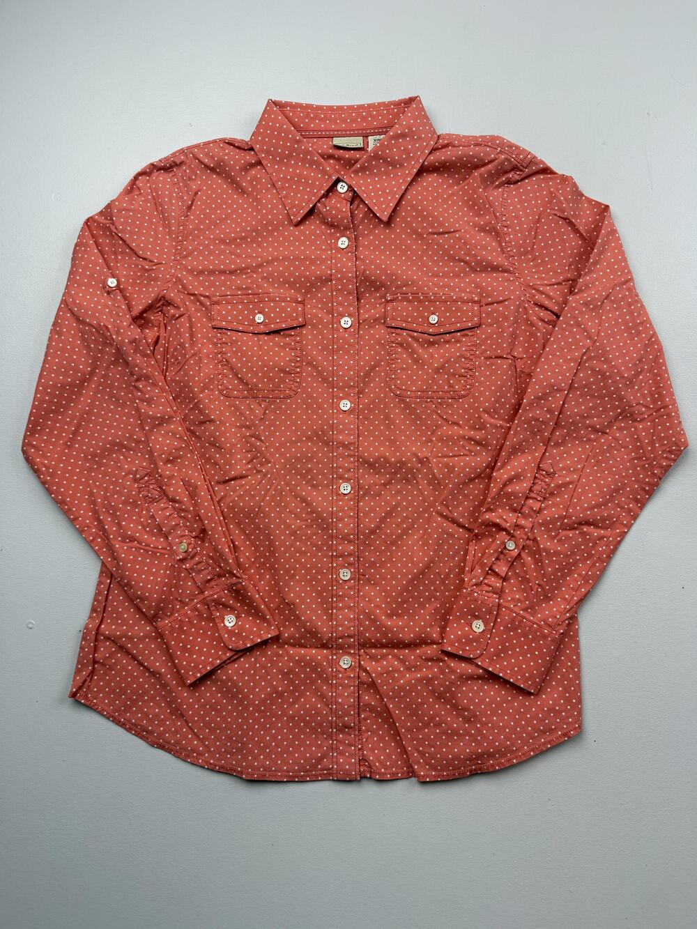 L.L. Bean Button Up Shirt Womens L Orange Polka Dot Collared Long Roll Tab Top
